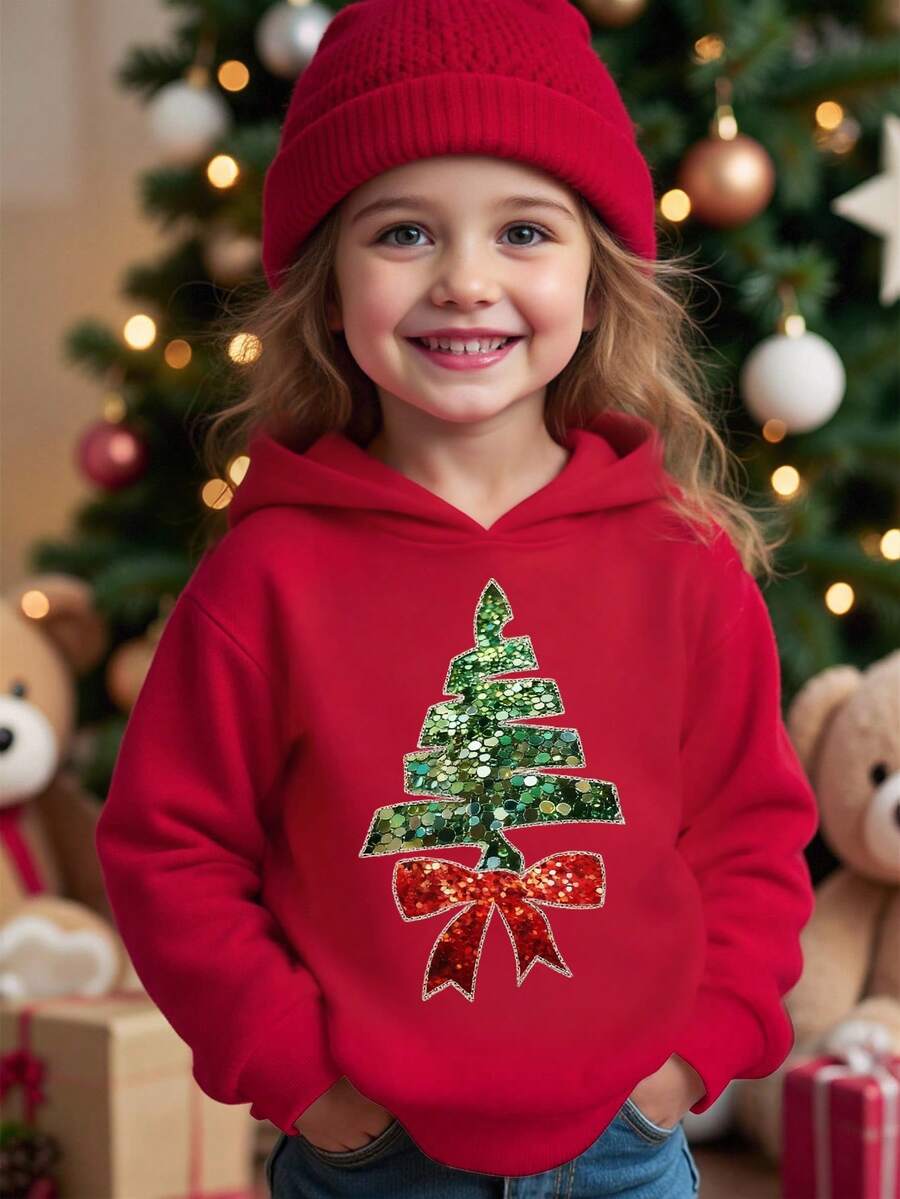 Hanorac cu grafică de brad de Crăciun pentru fete preadolescente, pulover confortabil, potrivit pentru sărbători, Crăciun, toamnă/iarnă - roșu - Vizualizare 1