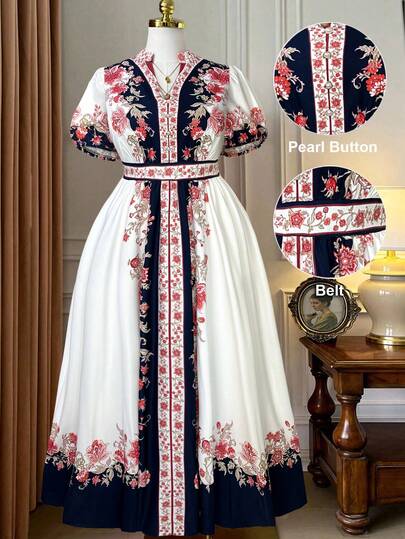 Rometta Plus Size Women Floral Print Stand Collar Puff Sleeve Dress, Vacation French Style Dress Tea Party Dress Plus Size Dress Floral Dress