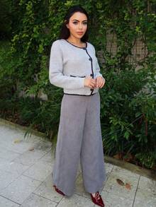 Durrani Popal Pantalones anchos de cintura alta de unicolor versátil y casual - Gris - Ver 6