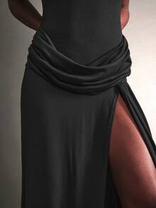 Hauture Sexy Party Night Out Elegant High Neck Sleeveless Front Slit Cocktail Maxi Dress - Black - View 4