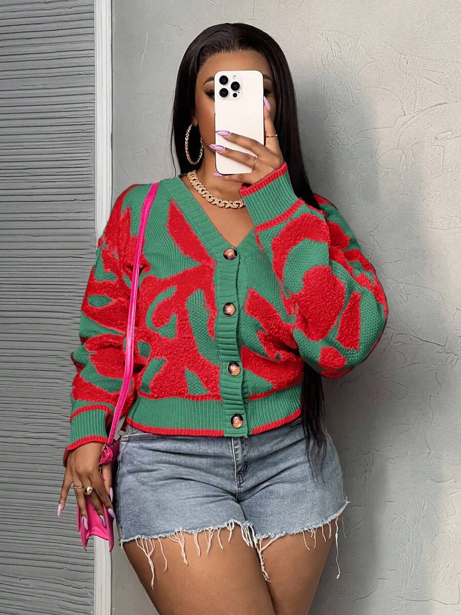 Slaydiva 女士休闲撞色落肩开衫，适合秋冬季、节日、新年、情人节等场合。 - 彩色 - 查看 1