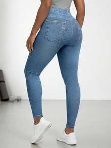 INAWLY 女士休闲经典牛仔蓝纹理舒适修身打底裤 - 藍色 - 查看 2