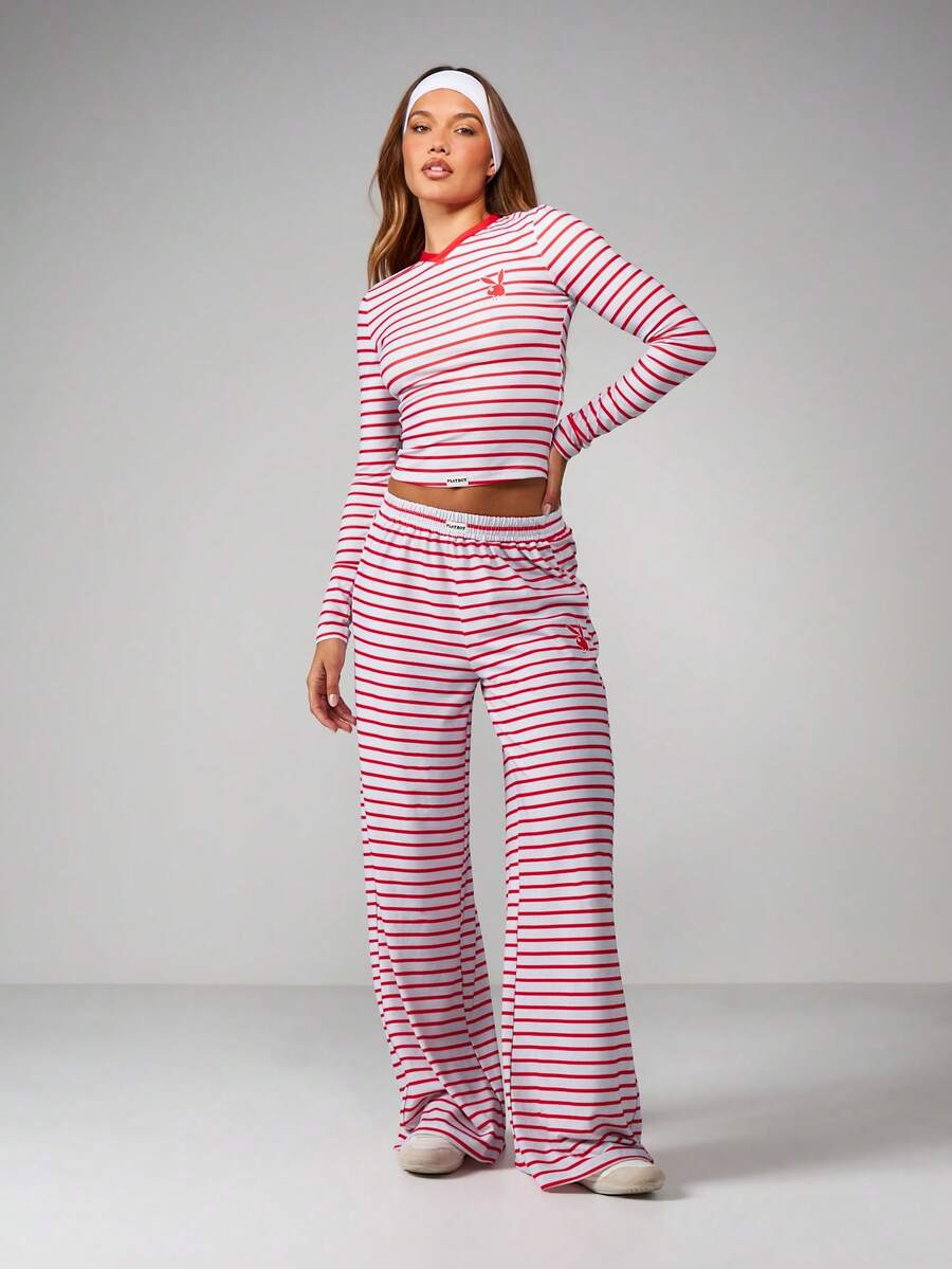 Missguided x Playboy Striped Long Sleeve Crop Top And Wide Leg Palazzo Pants Two Piece Lounge Set Casual Coordinated Outfit - Red and White - View 1