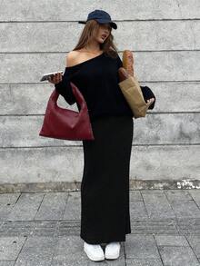 Livesso 女士休闲商务宽松斜领纯色针织上衣搭配直筒裤两件套，优雅的办公室着装，适合秋冬春季穿着。 - 黑色 - 查看 3
