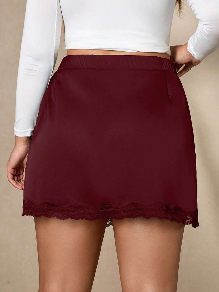 Chikora Plus Size Elegant Commuter Solid Color Lace Patchwork Slit Skirt - Burgundy - View 2