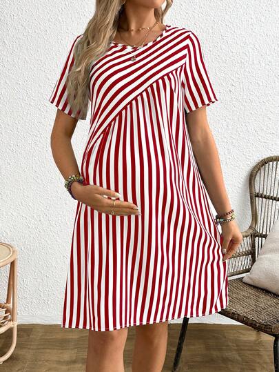 Boho Mama Vestido de maternidad de manga corta con cuello redondo y rayas