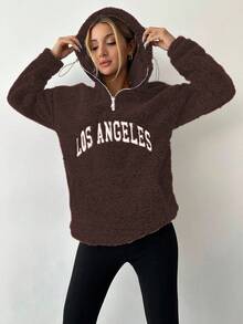 EURMUSE Women's Letter Pattern Drop Shoulder Long Sleeve Zip-Up Half Placket Casual Loose Sweatshirt, Autumn/Winter - Chocolate Brown - View 5