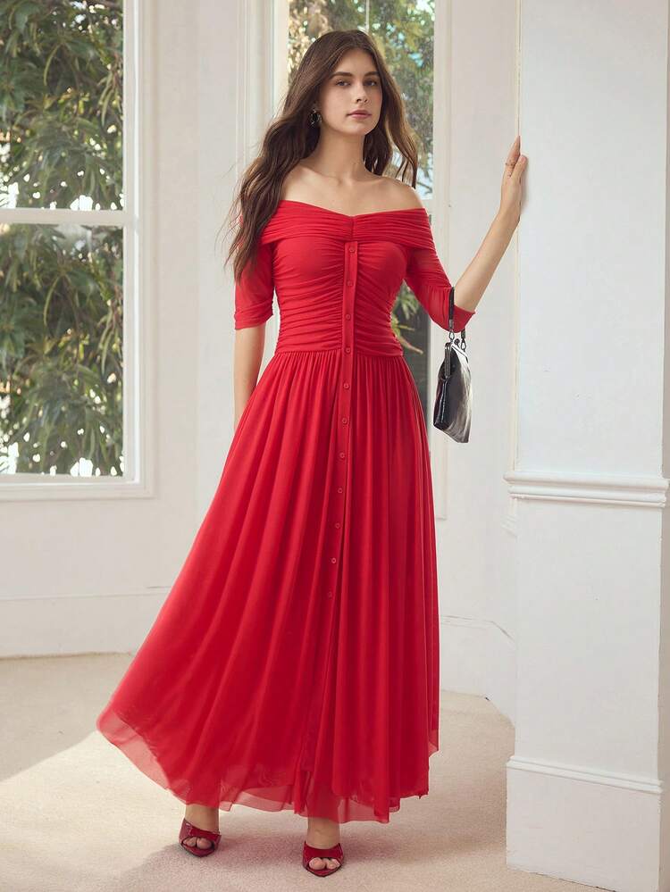 WOMEN'S OFF SHOULDER FLARED MIDI DRESS, SLIMMING AND ELEGANT, SUITABLE FOR AUTUMN/WINTER