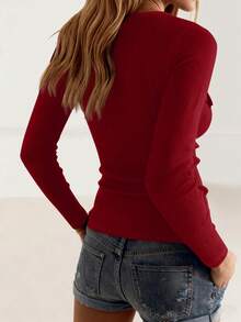 INAWLY Kaos Kasual Lengan Panjang Kerah Persegi dengan Resleting Setengah dan Gesper Logam - Burgundy - View 2