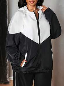 Truni Plus Size Women Contrast Color Zip Front Drawstring Hooded Casual Jacket,Back To School Winter Fall Autumn, For Pear Triangle Body Shape - Multicolor - View 5