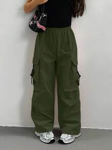 Sparklyn 少女纯色松紧腰宽松休闲工装裤 - 軍綠色 - 查看 3