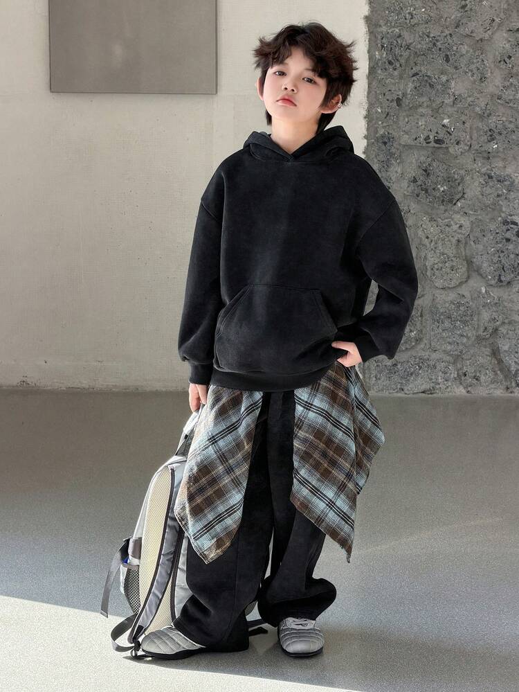 Tween Boy Casual Solid Color Kangaroo Pocket Hoodie And Pants Set, Autumn