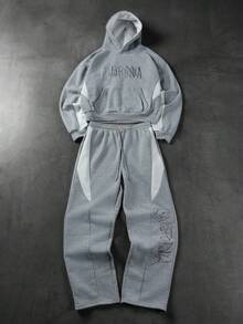 PAVTROS 男士字母刺绣口袋连帽衫和抽绳腰带运动裤套装 - 灰色 - 查看 6