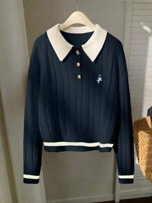 Franclia Suéter de cuello de polo tejido con bordado de cabeza de caballo y ribete de contraste, de estilo minimalista y de manga larga