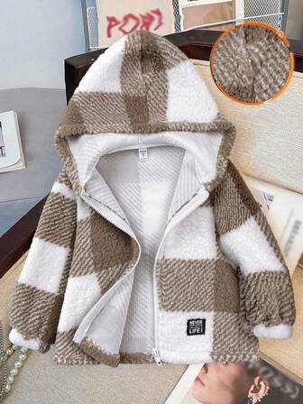 Kids Fall/Winter Clothes Young Girl Knitted Solid Color Fluffy Letter Embroidery Hooded Loose Flannelette Warm Casual Jacket,Autumn/Winter,Great For Casual & Daily Wear & School .