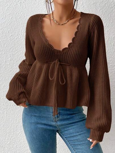 SHEIN Essnce Plus Size Women's Autumn And Winter Christmas Thanksgiving Elegant New Style Fashionable Casual Elegant Commuter V-Neck Babydoll Lantern Sleeve Long-Sleeved Christmas Top