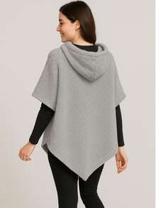Capa peluche graba¡da trencita bonita hermosa mañanita Poncho Capa larga asimétrica informal para mujer con capucha y cordón ajustable de moda para mujer - Gris - Ver 3