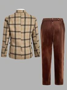 Manfinity VCAY Men's Plaid Double-Breasted Blazer And Solid Color Pants Set,Elegant Beige Summer Dinner Wedding Suit,Brown Flannel Long Sleeve Classic Outfits - Multicolor - View 3