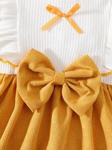 Newborn Baby Girl Butter Yellow Dress Long Sleeved Lace Collar Patchwork Bow Birthday Outfit Summer Elegant Retro Cute Clothes For Spring Fall - Yellow - View 7