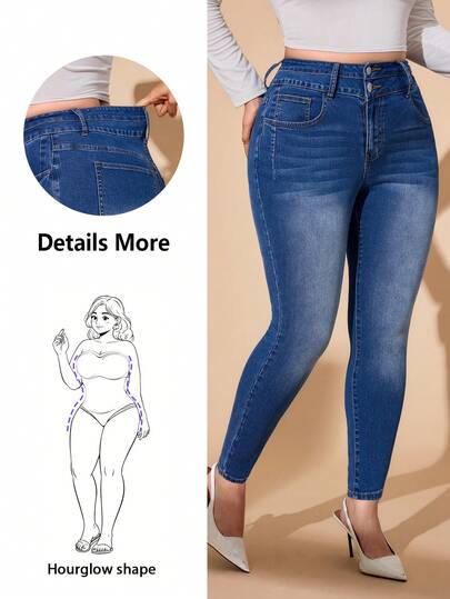 Hourglow Jeans casuales de talla grande para mujer con cierre de botones, ajuste slim, para figura de reloj de arena/2026/Año Nuevo