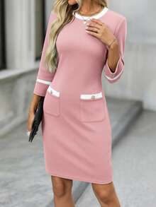 EMERY ROSE Women's Elegant Commuter Color Block Trim Fitted Mid-Length Dress   Valentine Outfits For Women - Pink - View 3