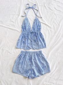 Soleia Women's Fashion Classic Blue & White Striped V-Neck Halter Tie-Front Sexy Camisole And Loose Super Short Shorts 2-Piece Set, Suitable For Date, Party, City Street, Vacation Summer Spring Valentine's Day Casual Vacation  Beach Wedding Birthday Going Out Elegant Casual Vacation - Blue and White - View 6