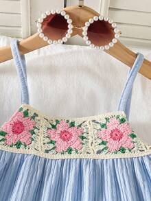 Genkimix Kids Girls Blue Spaghetti Strap Camisole And Shorts Set With Floral Embroidery For Vacation - Blue - View 4