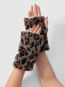 ROMWE Goth 1 Pair Y2K Stylish Retro Chic Casual Warm Faux Fur Leopard Tiger Animal Print Fingerless Gloves, Suitable For Women, Daily Wear, Holiday Gift - Coffee-4 - View 6