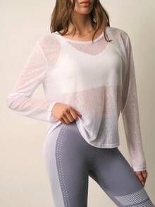 With My Calm Solid Color Round Neck Sheer Back Fashion Long Sleeve Sports T-Shirt - White - View 6