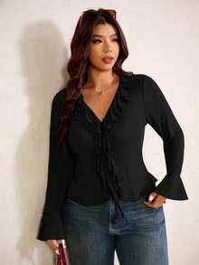 Elaquor Áo cánh tay loe cổ bèo nhún màu trơn cỡ lớn cho nữ thời trang - màu đen - Xem 6