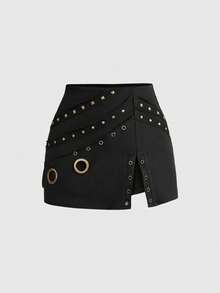 ROMWE Grunge Punk Áo thun tay dài ôm sát cổ xẻ viền kim loại Punk cổ điển kết hợp chân váy ngắn cạp trễ - màu đen - Xem 7