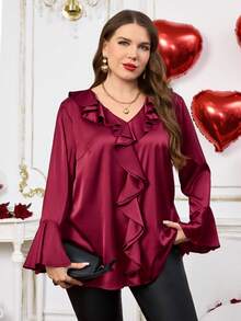 EMERY ROSE Plus Size Women Patchwork Ruffle Flare Sleeve Loose Elegant Blouse/Valentine's Day Spring Break Holiday - Red - View 6