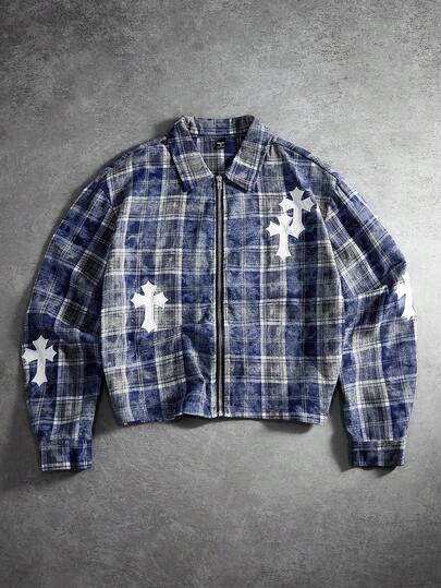 PAVTROS Camicia casual da uomo a maniche lunghe con colletto alla coreana, motivo a quadri e a croce, monopetto, per uso quotidiano