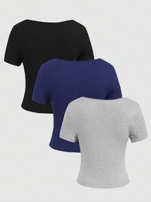 Girlism 3pcs Teen Girls' Casual Solid Color All-Match Crew Neck Short Sleeve Fitted Outdoor T-Shirts, Versatile For Daily Wear