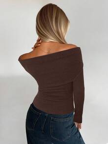 Aloruh Dark Brown,Autumn,Chic,Night Out Women's Off The Shoulder Long Sleeve Knit Top,Elegant Shoulder Cutout Coffee Brown T-Shirt,Cozy Fall Winter Office - Coffee Brown - View 2