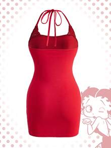 Betty Boop | ROMWE Spring/Summer Carnival Party Casual Graphic Y2K Retro Sexy Betty Print Rhinestone Contrast Lace Halter Neck Bodycon Mini Dress - Red - View 2