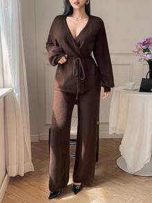DAZY Women's Solid Color Loose V-Neck Belted Cardigan And Straight Leg Pants Elegant Two Pieces Knit Sweater Set, Autumn/Winter - Coffee Brown - View 3
