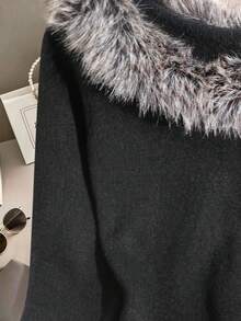 Franclia Áo len chui đầu tay dài cổ lông chắp vá thanh lịch dành cho nữ, thiết kế cao cấp, kiểu dáng đi làm, cỡ lớn, mùa thu/đông - màu đen - Xem 6