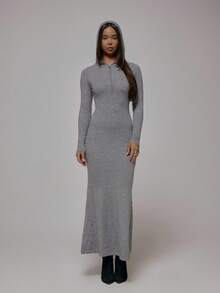 MUSERA 修身紧身针织连帽四分之一拉链长裙，秋冬街头风，酷女孩Y2K日常休闲复古风 - 灰色 - 查看 3