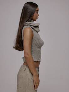 MUSERA Top à col montant extrême, manches courtes, avec fermeture éclair, en tricot côtelé. automne-hiver streetwear, style cool girl Y2K, pour un look casual quotidien. Couleur sépia - Kaki - Voir 4