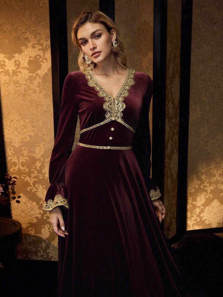 ELEGANT APPLIQUE DECOR LONG SLEEVE DRESS