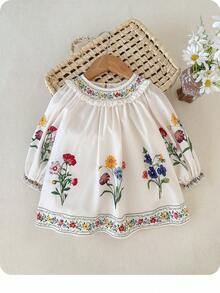 Babygirl Casual Cute Floral Pattern Ruffle Hem Long Sleeve Dress - Beige - View 7