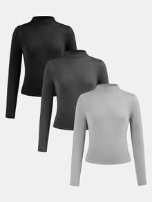 SHEIN Conjunto de 3 blusas casuais de malha com gola alta e manga comprida para meninas pré-adolescentes, modelo básico para sobreposição de peças no outono/inverno, nas cores preto, cinza escuro e cinza espartilho. - Cinza - Ver 1