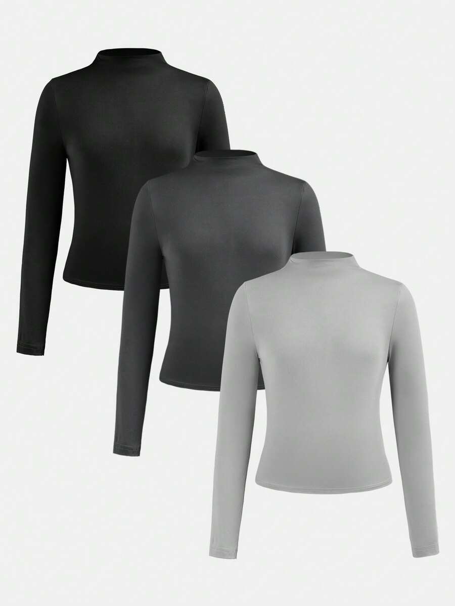 SHEIN Conjunto de 3 blusas casuais de malha com gola alta e manga comprida para meninas pré-adolescentes, modelo básico para sobreposição de peças no outono/inverno, nas cores preto, cinza escuro e cinza espartilho. - Cinza - Ver 1
