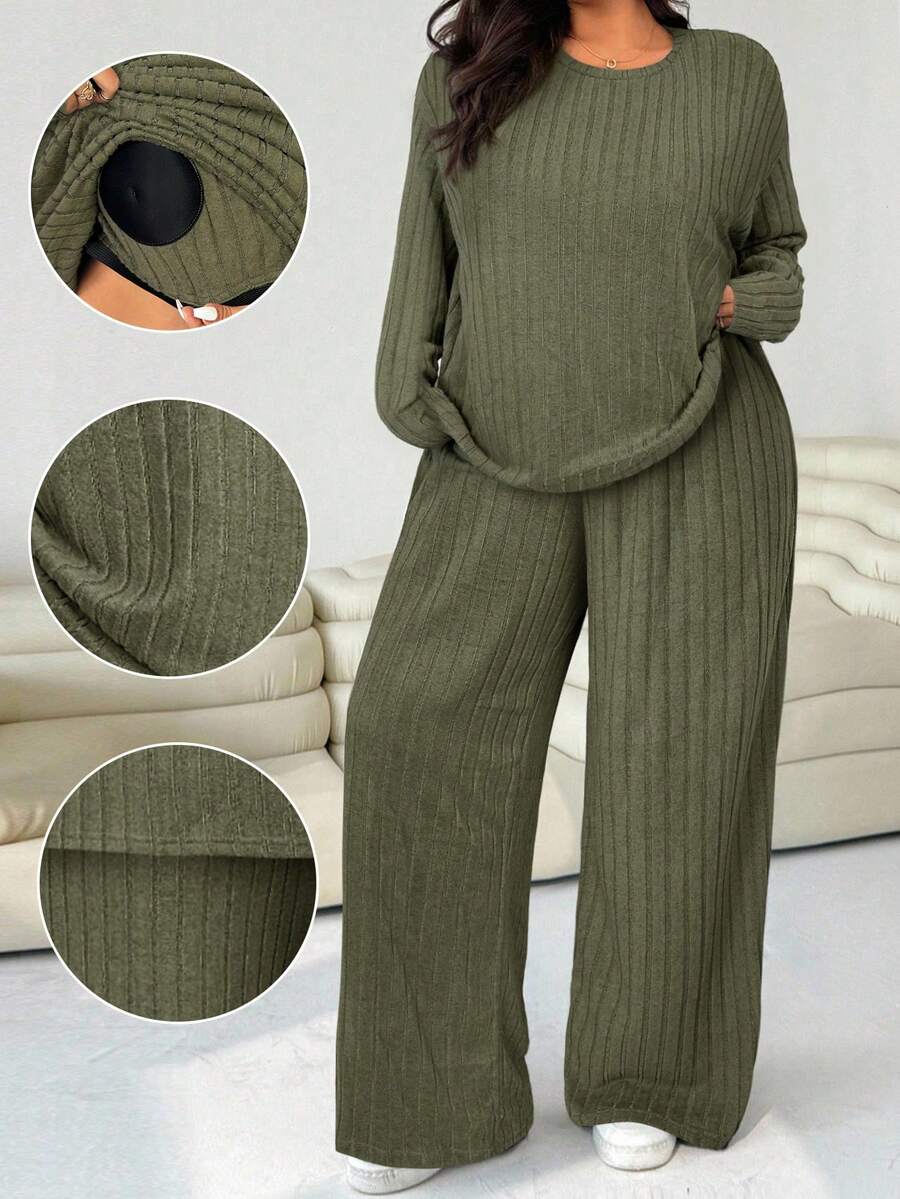 SHEIN EZwear 两件套加大码女式橄榄绿圆领长袖T恤和阔腿裤,休闲款 - 軍綠色 - 查看 1