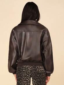 Coeurva Women's Fashionable New Distressed Leather Jacket, Autumn - Brown - View 2