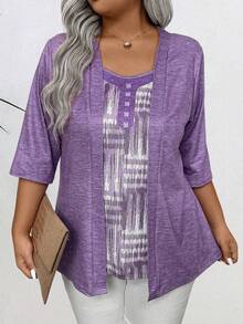 大码中长款纯色拼布休闲 T 恤 - 紫色 - 查看 5