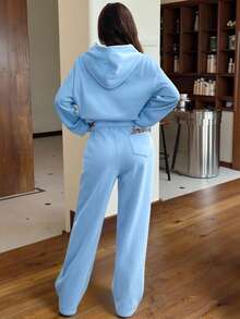 Muchica 2pcs/Set Light Blue Casual Thermal Lined Hooded Sweatshirt And Pants Set For Women, Autumn Winter