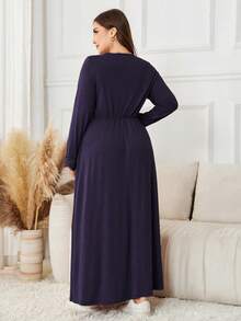 Lacomfia Vestido de manga larga de unicolor con parches de encaje para tallas grandes