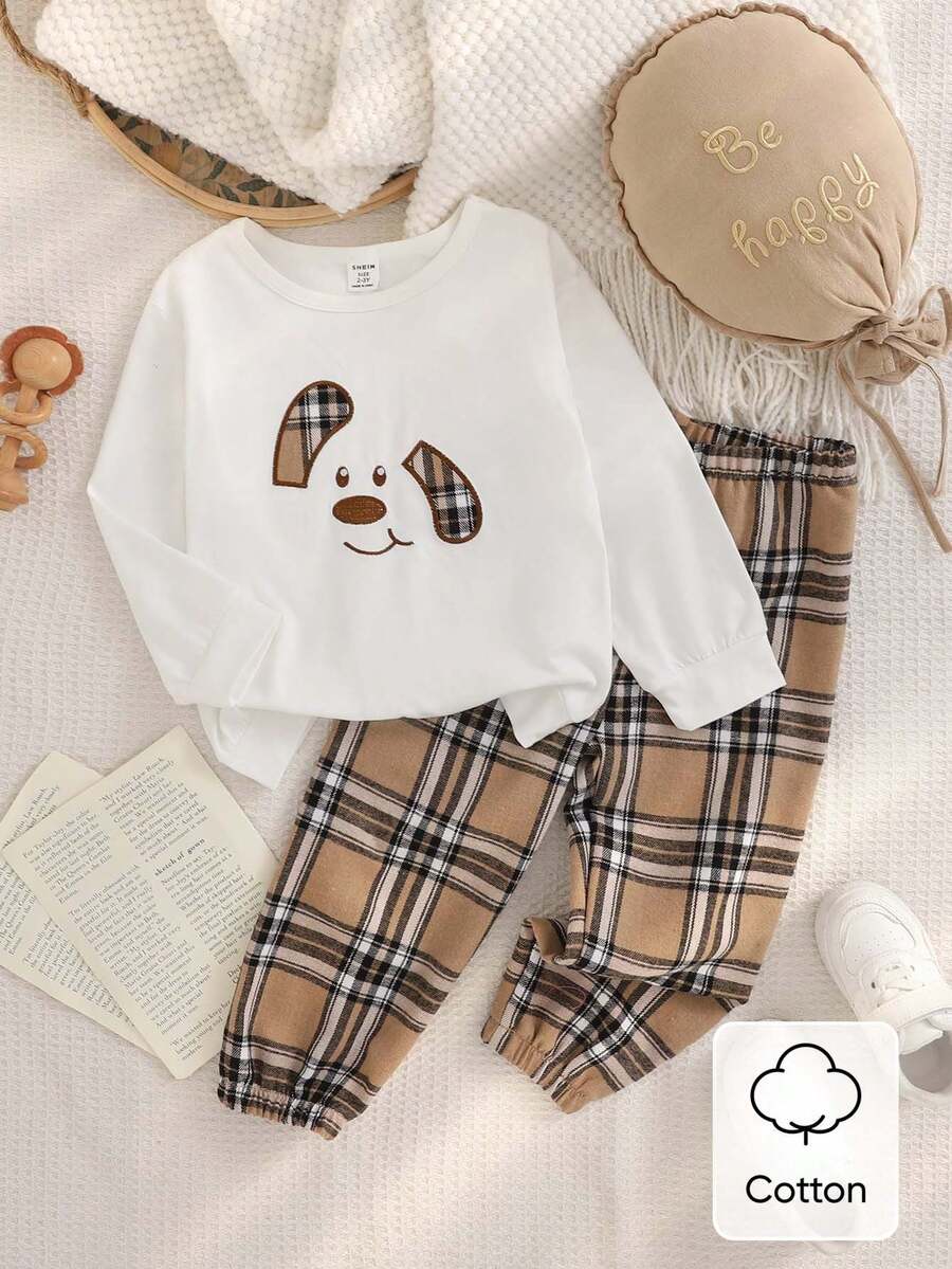SHEIN 男婴休闲宽松圆领可爱卡通小狗印花长袖针织卫衣+宽松格子裤两件套，秋冬款 - 黑色 - 查看 1